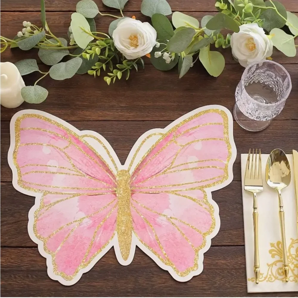 Pink and Gold Butterfly Shaped Disposable Placemats, 12 ct